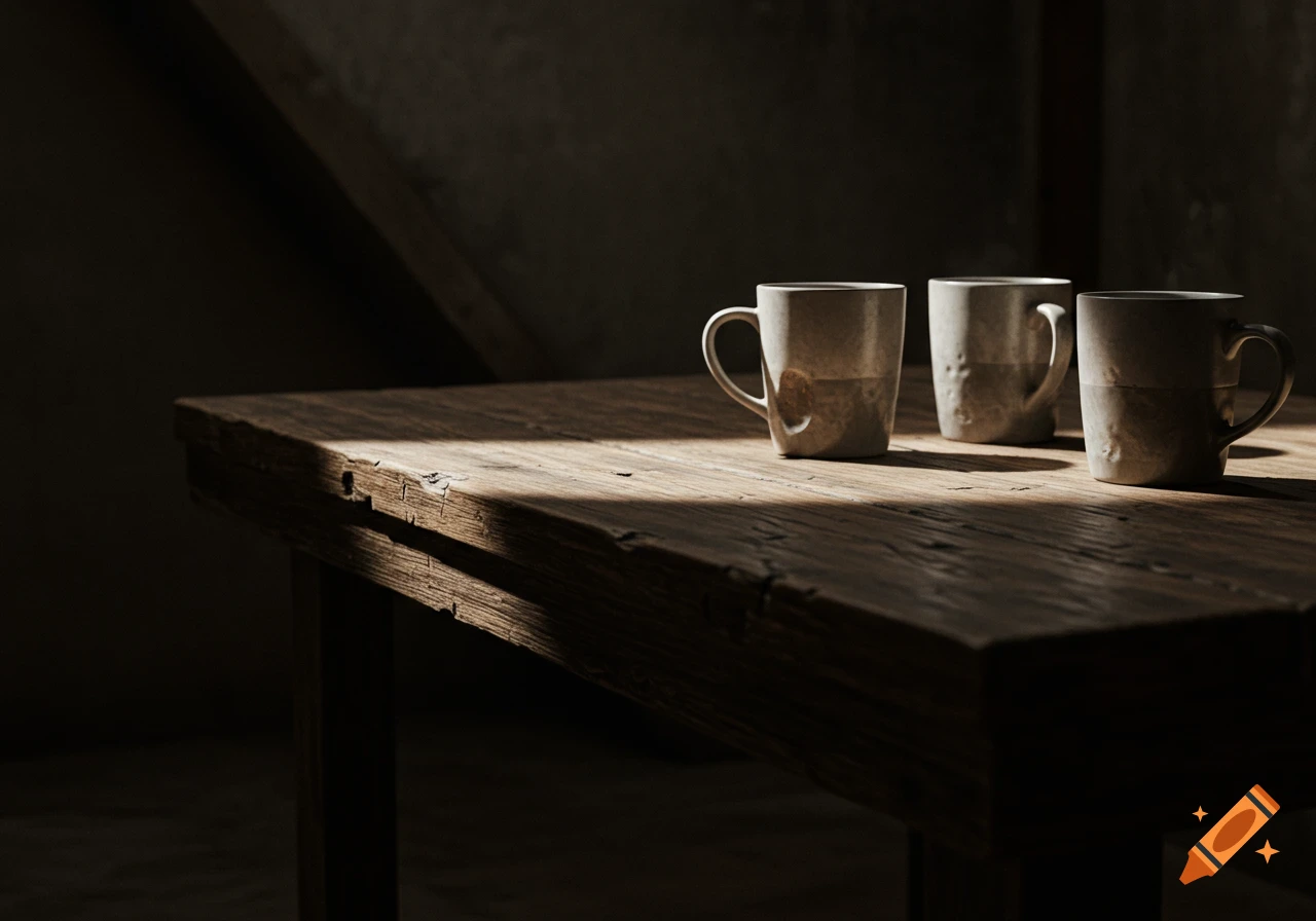 Three rustic ceramic mugs sit on a sunlit, weathered wooden table in a dimly lit room, photorealistic.