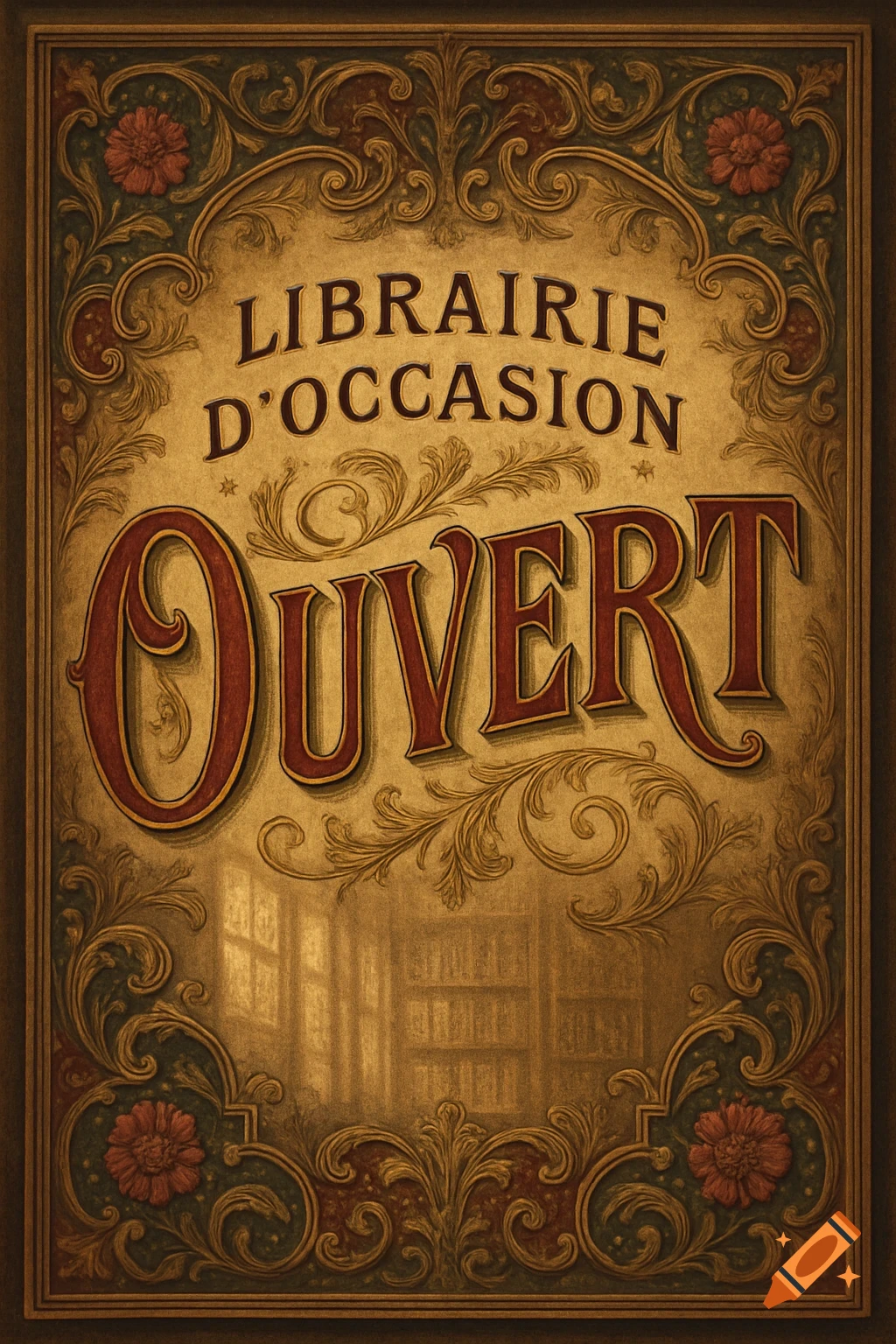 Ornate vintage Victorian-style poster for a used bookstore, featuring the words 'LIBRAIRIE D'OCCASION' and 'OUVERT' in stylized fonts.