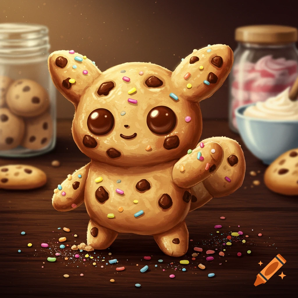 A cute cookie-like creature with chocolate chips and sprinkles stands ...