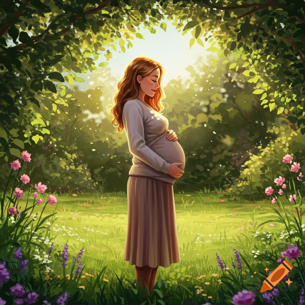 An illustrative image of a pregnant woman with long hair, wearing a sweater and skirt, standing peacefully in a vibrant, sunlit garden, gently holding her belly.