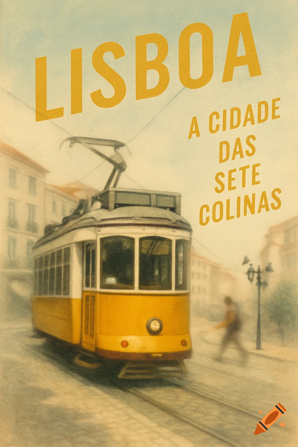Vintage poster of a yellow Lisbon tram on tracks, with city buildings in the background. Text reads 'LISBOA A CIDADE DAS SETE COLINAS'.