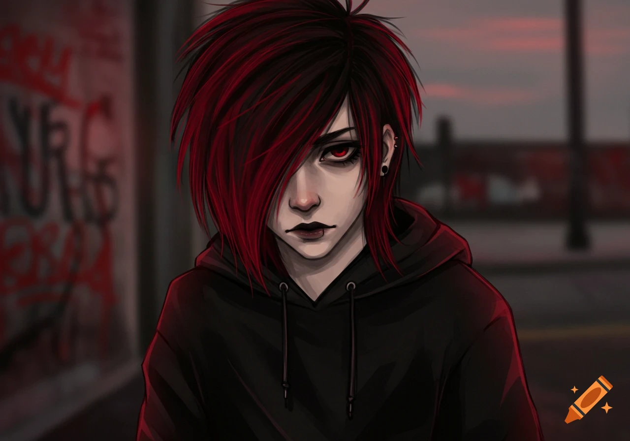 A digital art portrait of an emo person with dark red and black hair, red eyes, dark makeup, and a lip piercing, wearing a black hoodie against a blurred cityscape.