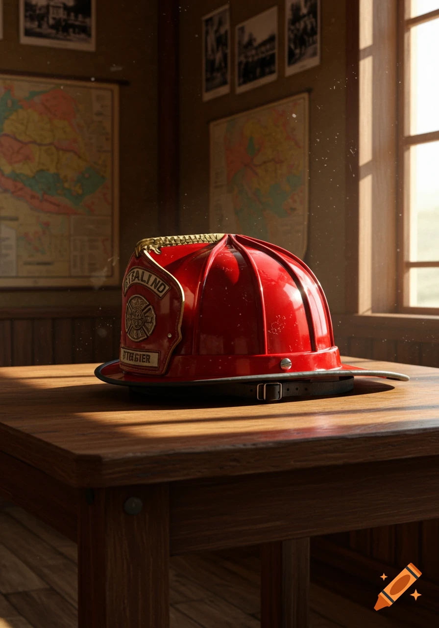 A red firefighter's helmet rests on a wooden table, bathed in warm light from a window, with maps and photos on the wall behind.