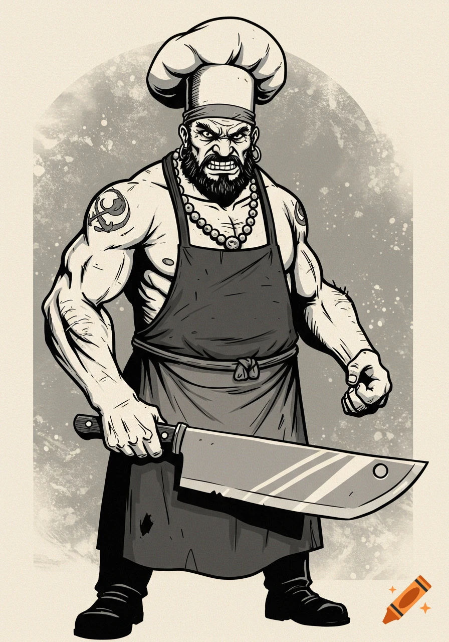 A muscular, bearded, angry chef with tattoos, wearing a toque and apron, holding a large cleaver in a black and white comic art style.