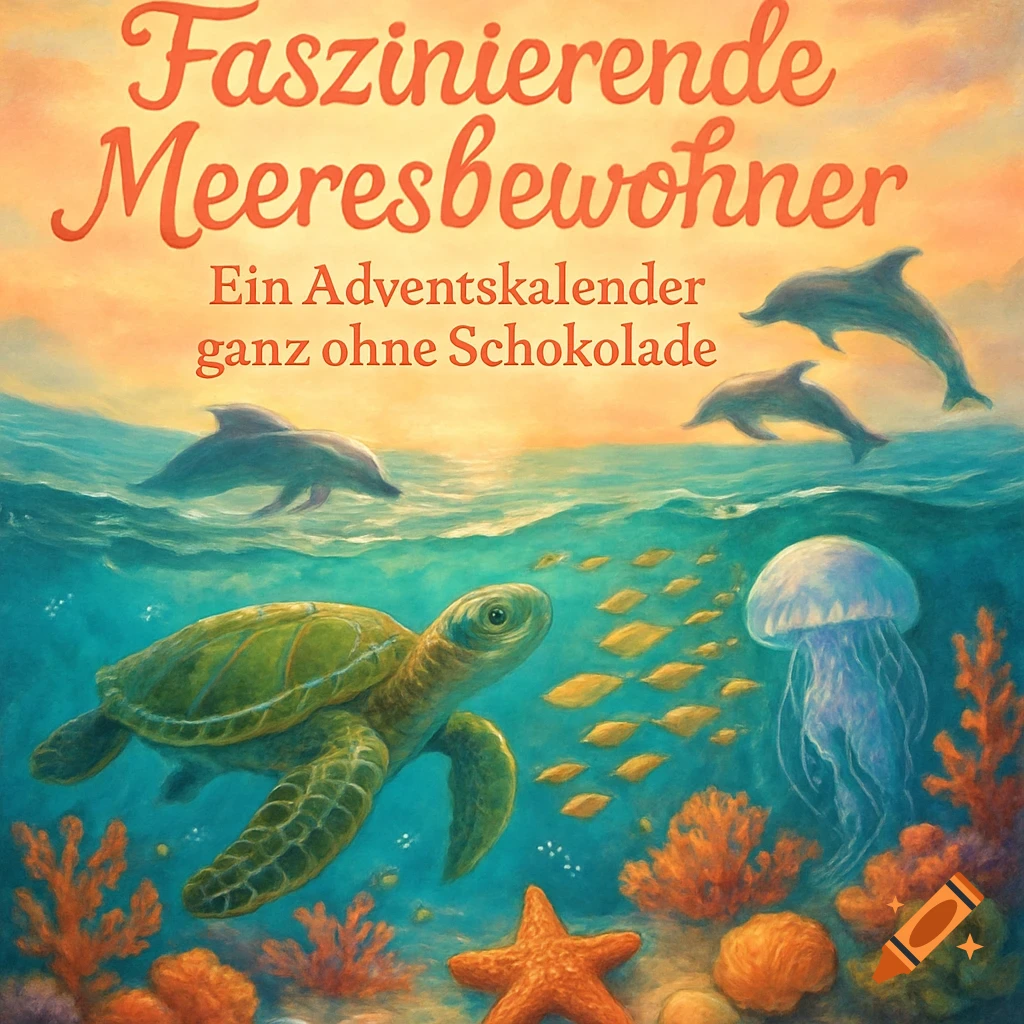 An advent calendar cover in a painterly style, featuring an underwater scene with a sea turtle, jellyfish, and fish. Dolphins jump above the water. Text reads "Faszinierende Meeresbewohner - Ein Adventskalender ganz ohne Schokolade".