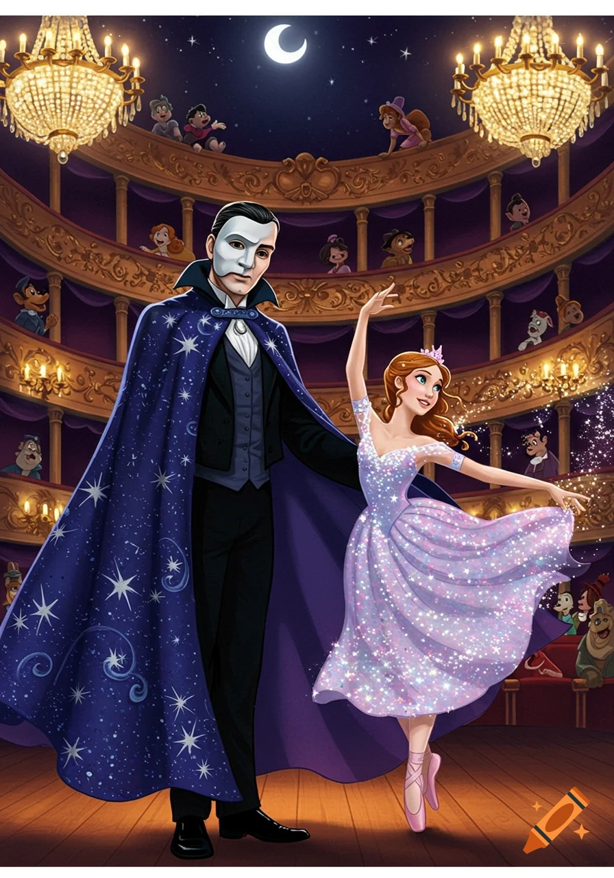 Cartoon Phantom of the Opera in a starry cape and mask, with a ballerina in a sparkly dress on stage. Audience of cartoon animals and kids.