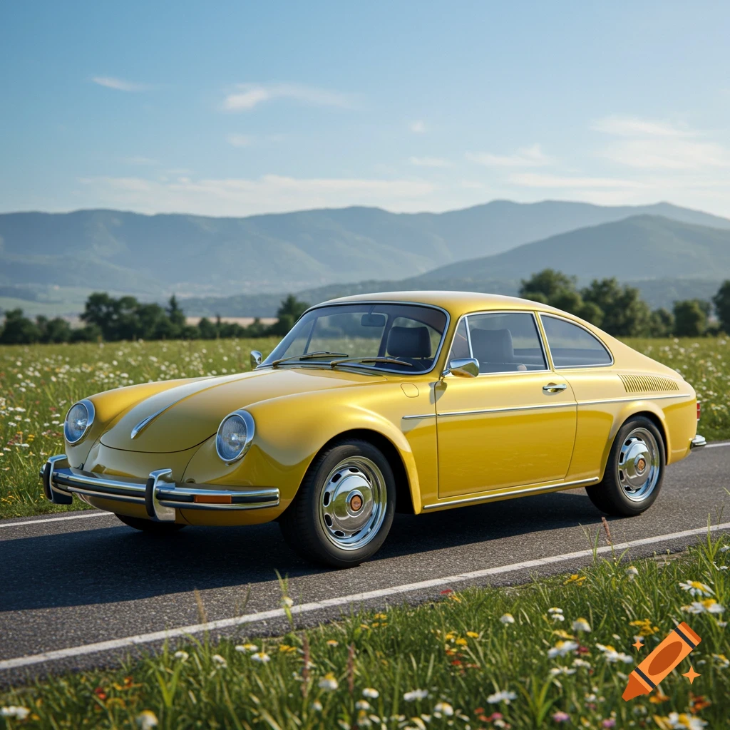 A bright yellow classic car drives on a paved road through a field of wildflowers with mountains in the background under a clear blue sky.