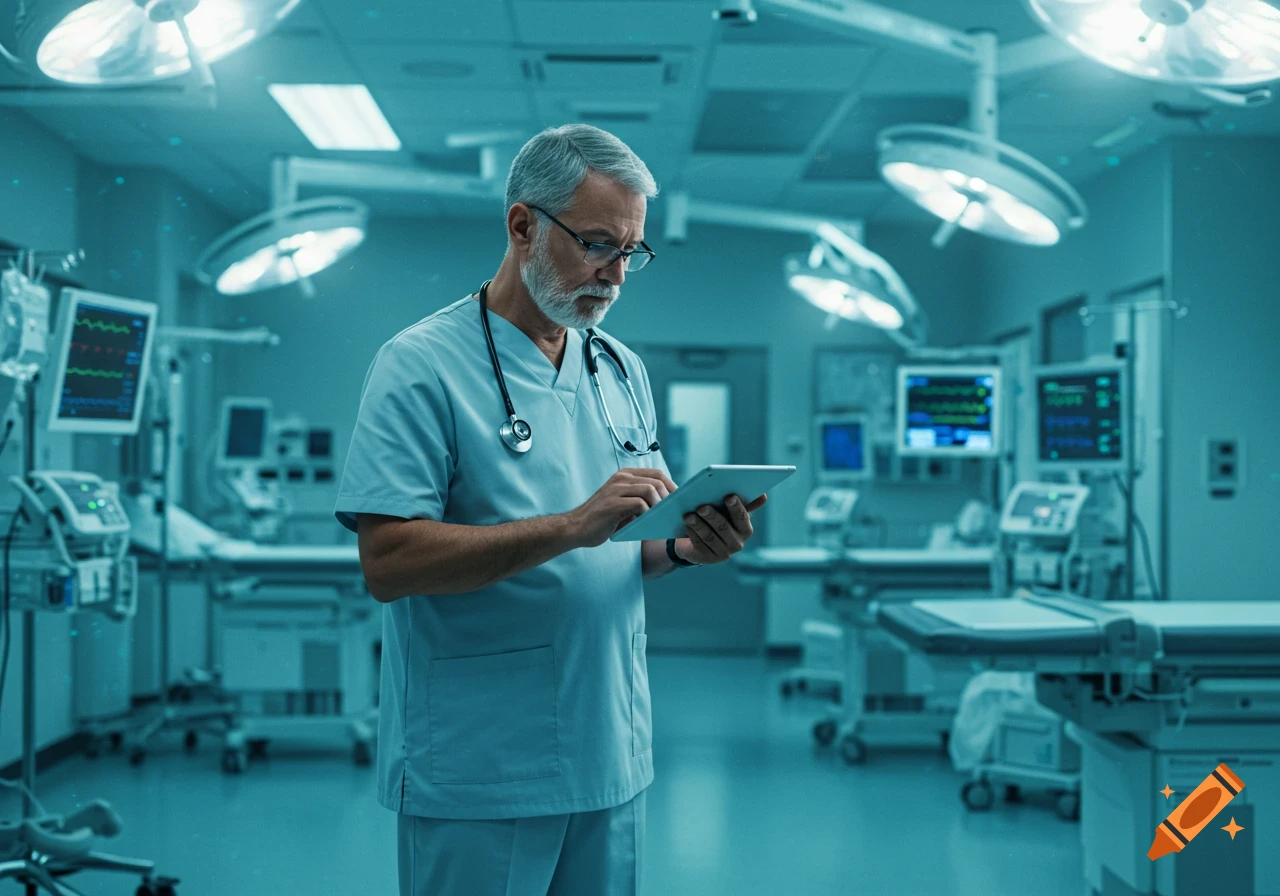 A male doctor in light blue scrubs and a stethoscope uses a tablet in a brightly lit operating room.