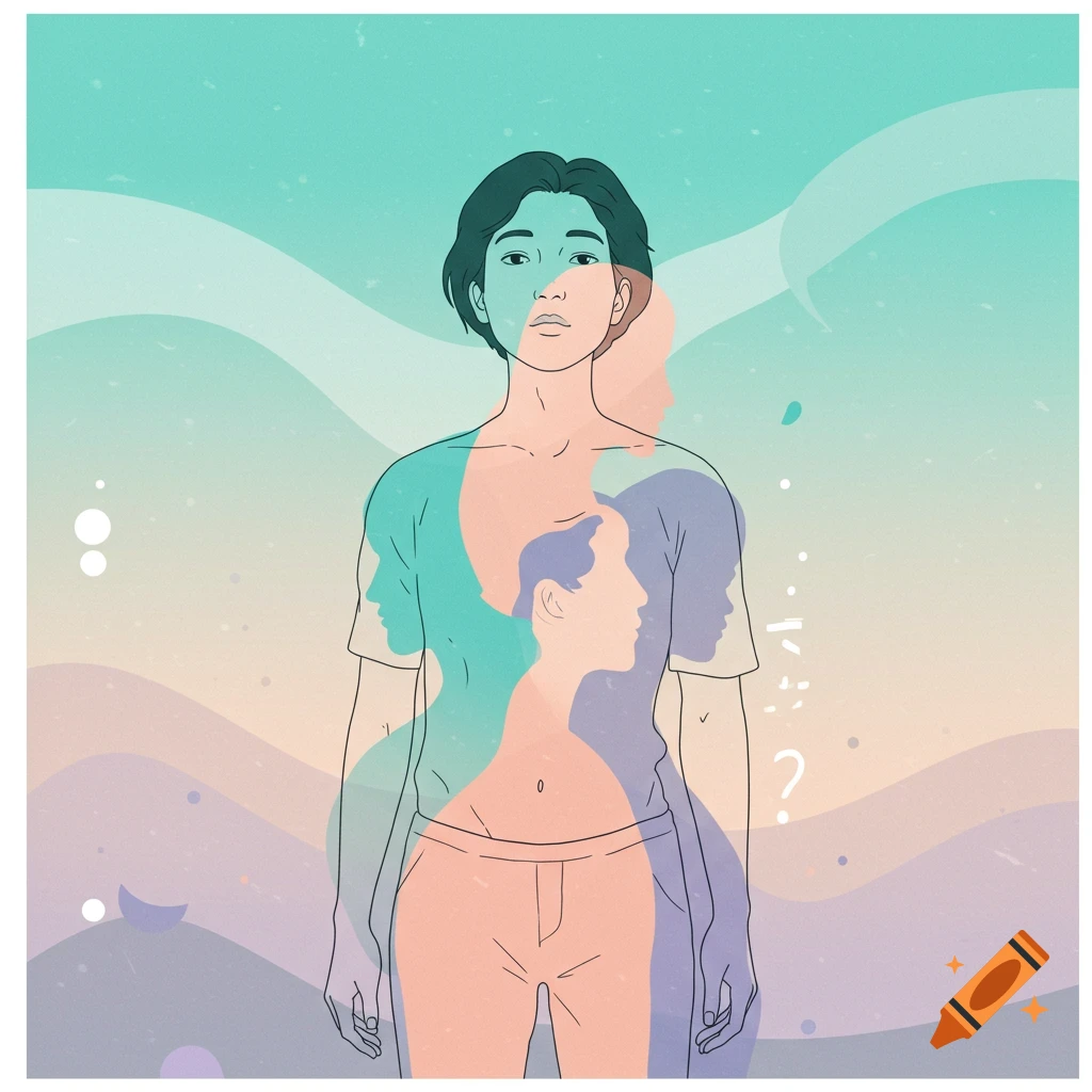 A minimalist surreal illustration of a person with overlapping translucent silhouettes and colors flowing through them, against a pastel gradient background with abstract shapes.