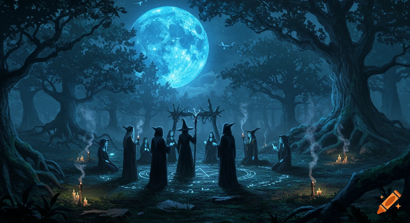 A group of robed figures, possibly witches, perform a ritual in a dark, atmospheric forest under a large, glowing blue moon.