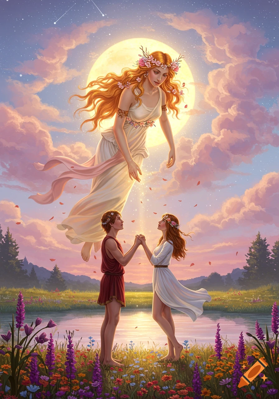 A goddess with flowing red hair floats above a couple holding hands in a flower meadow by a river under a full moon and starry sky.