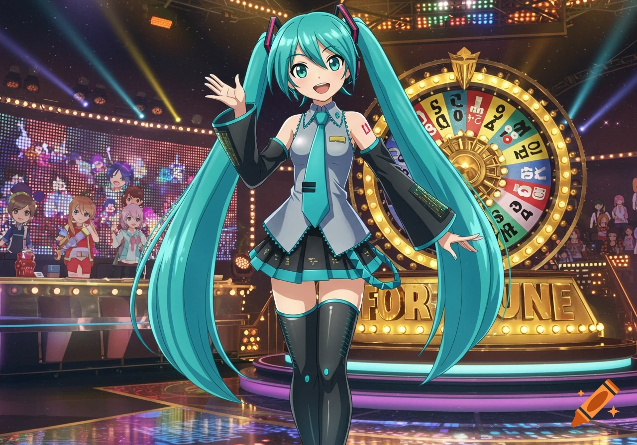 Hatsune Miku in a grey and teal outfit waves on a brightly lit game show stage with a large wheel of fortune in the background.