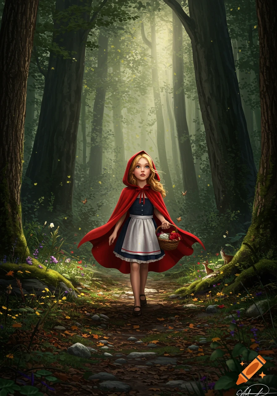 A young girl in a red hooded cloak walks with a basket on a sunlit path through an enchanted forest, illustration.