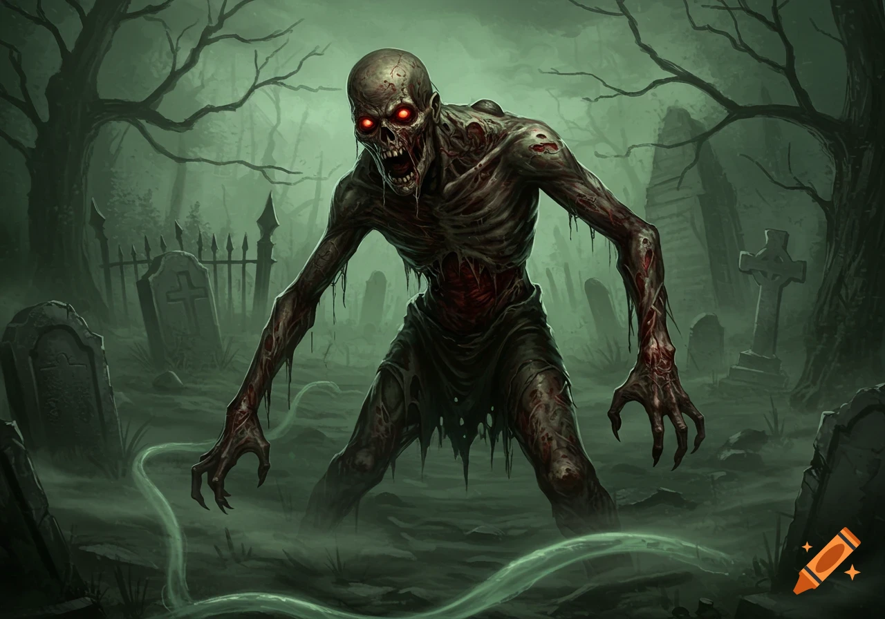 A terrifying zombie with glowing red eyes, decaying flesh, and tattered clothes rises from a misty graveyard at night.