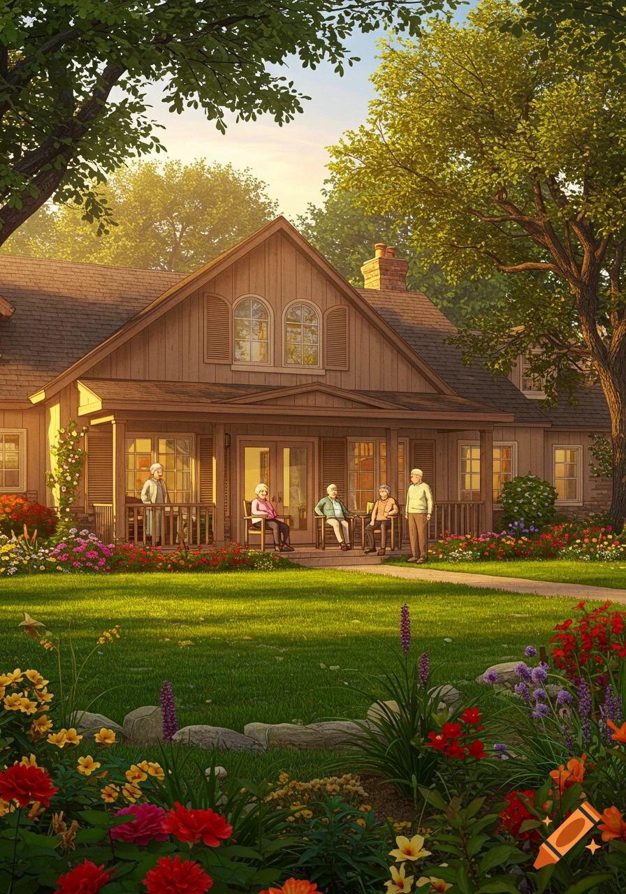 A cozy wooden house with a porch where elderly people relax, surrounded by a vibrant green lawn and colorful flower gardens under a sunny sky.