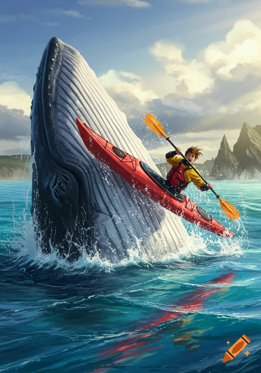 A kayaker in a red kayak paddles next to a breaching humpback whale in a blue ocean, mountains in background, illustration.