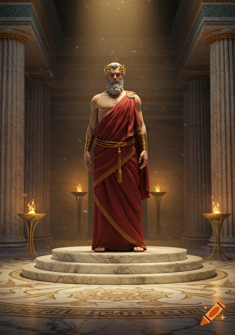A regal man with a white beard, wearing a gold laurel wreath and a red toga, stands on a marble platform in a grand classical temple, illuminated by a spotlight and torchlight.