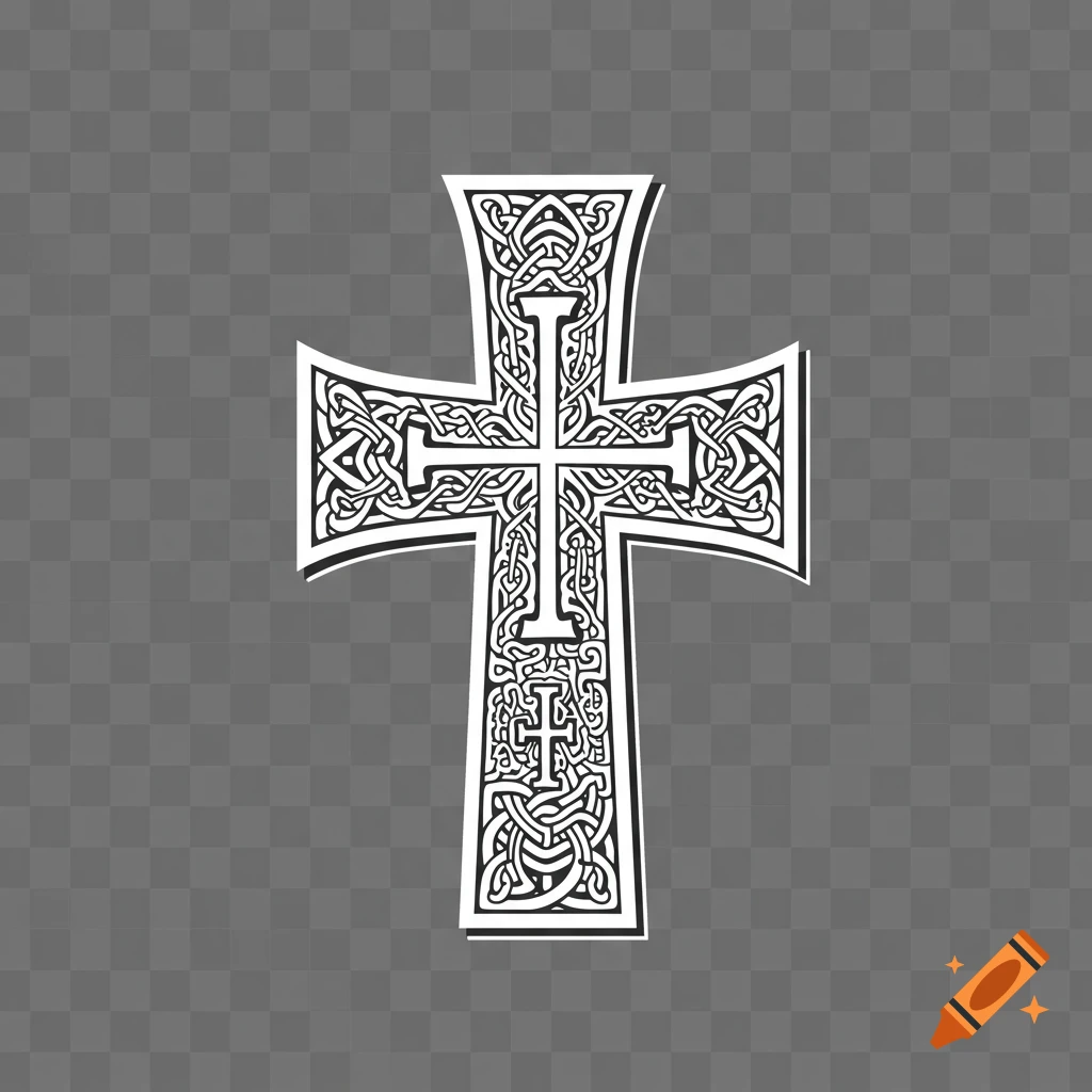 A white cross with intricate Armenian Khachkar knotwork patterns, in a 2D icon style with thick clean strokes on a transparent background.