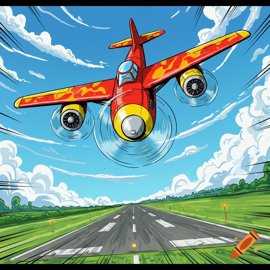 Vibrant comic-style red and yellow airplane flying low over a runway under a blue, cloudy sky.