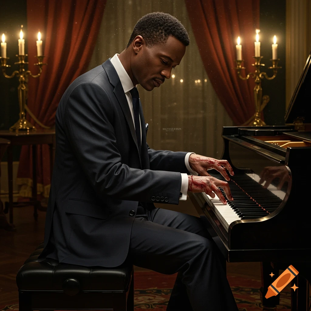 A man in a dark suit plays a grand piano, his knuckles bloodied, in a dimly lit room with candelabras.