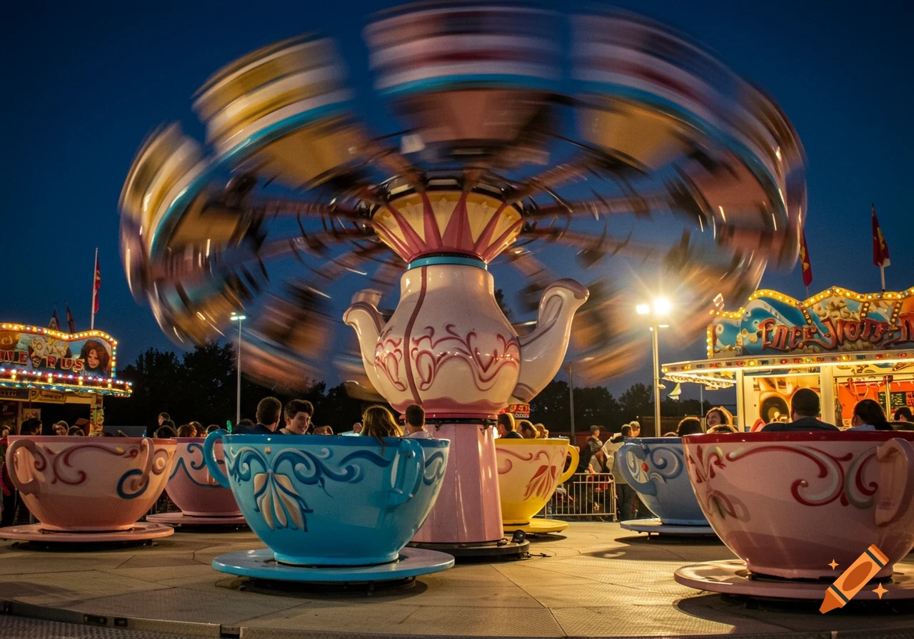 A vibrant night scene at a fair shows a spinning teacup ride with people, surrounded by other illuminated attractions.