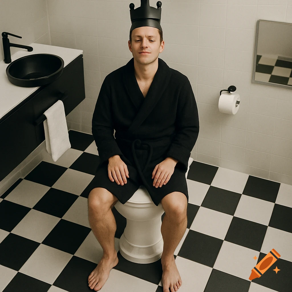 A man in a black bathrobe and chess king crown sits on a toilet in a modern bathroom with a checkerboard floor, eyes closed in relaxation.