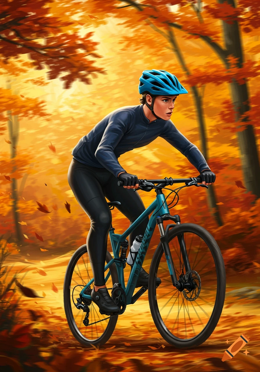 A person in a blue helmet and dark cycling gear rides a mountain bike on a path through a vibrant autumn forest, depicted in an illustrative style.