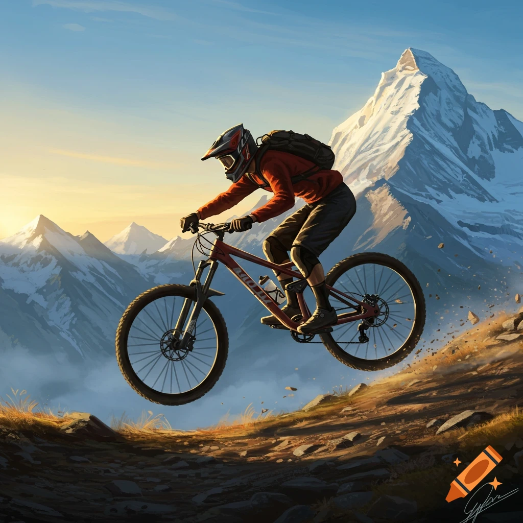 An illustration of a mountain biker jumping over rocky terrain with snow-capped mountains and a sunrise in the background.