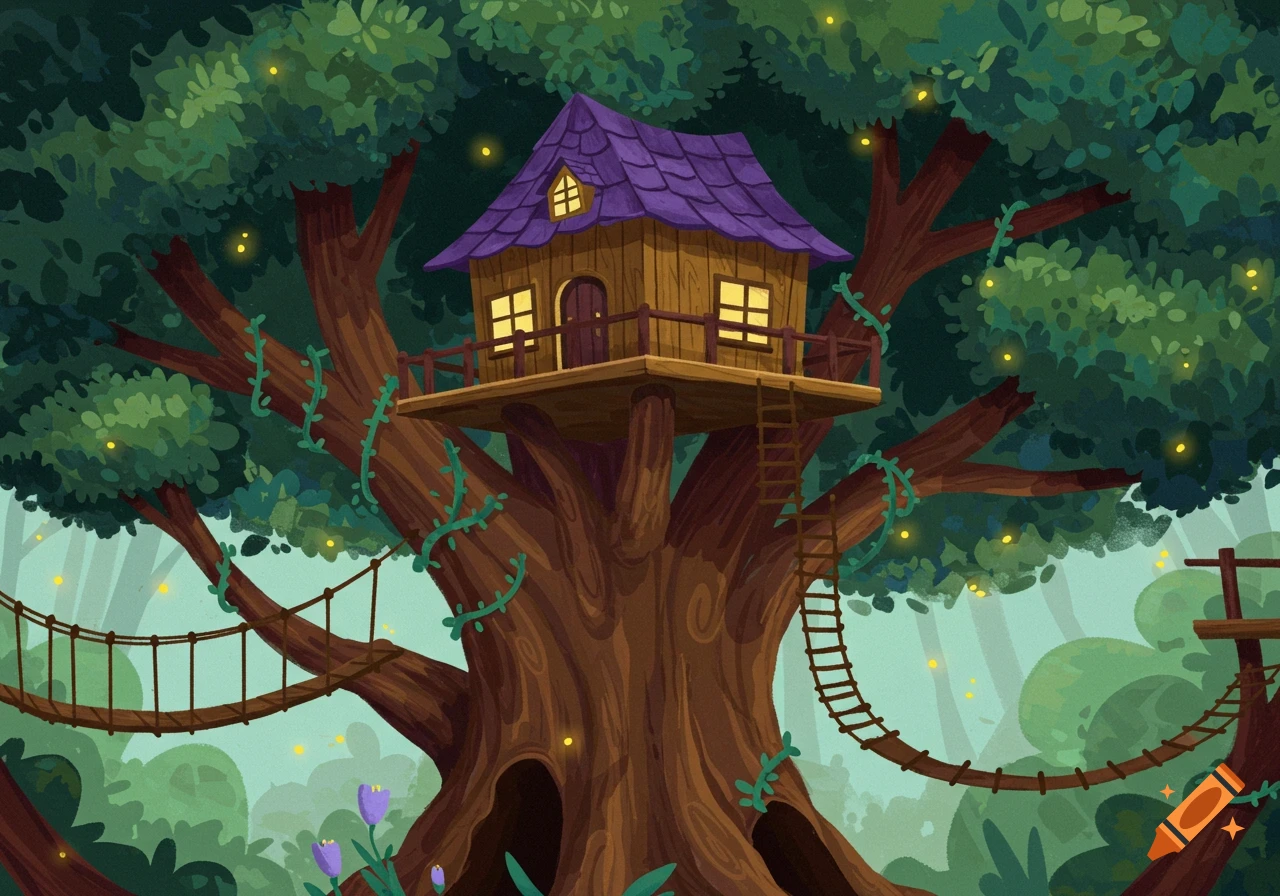 A colorful storybook illustration of a magical treehouse with a purple roof and glowing windows, built into a large tree with rope bridges in a whimsical forest.