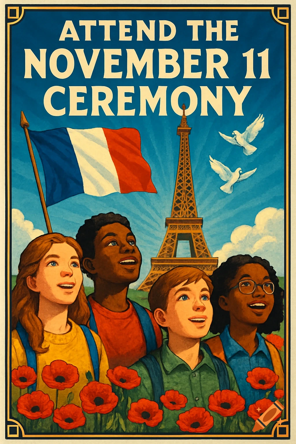 Vintage-style poster with diverse children, Eiffel Tower, French flag, doves, and poppies. Text: 'ATTEND THE NOVEMBER 11 CEREMONY'.