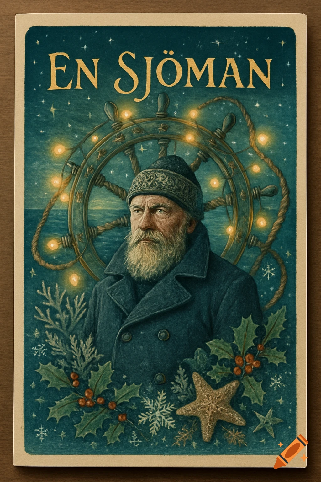Vintage Christmas card illustration of an old seaman with a beard, a ship's wheel, and Christmas decorations, with the text 'EN SJÖMAN'.