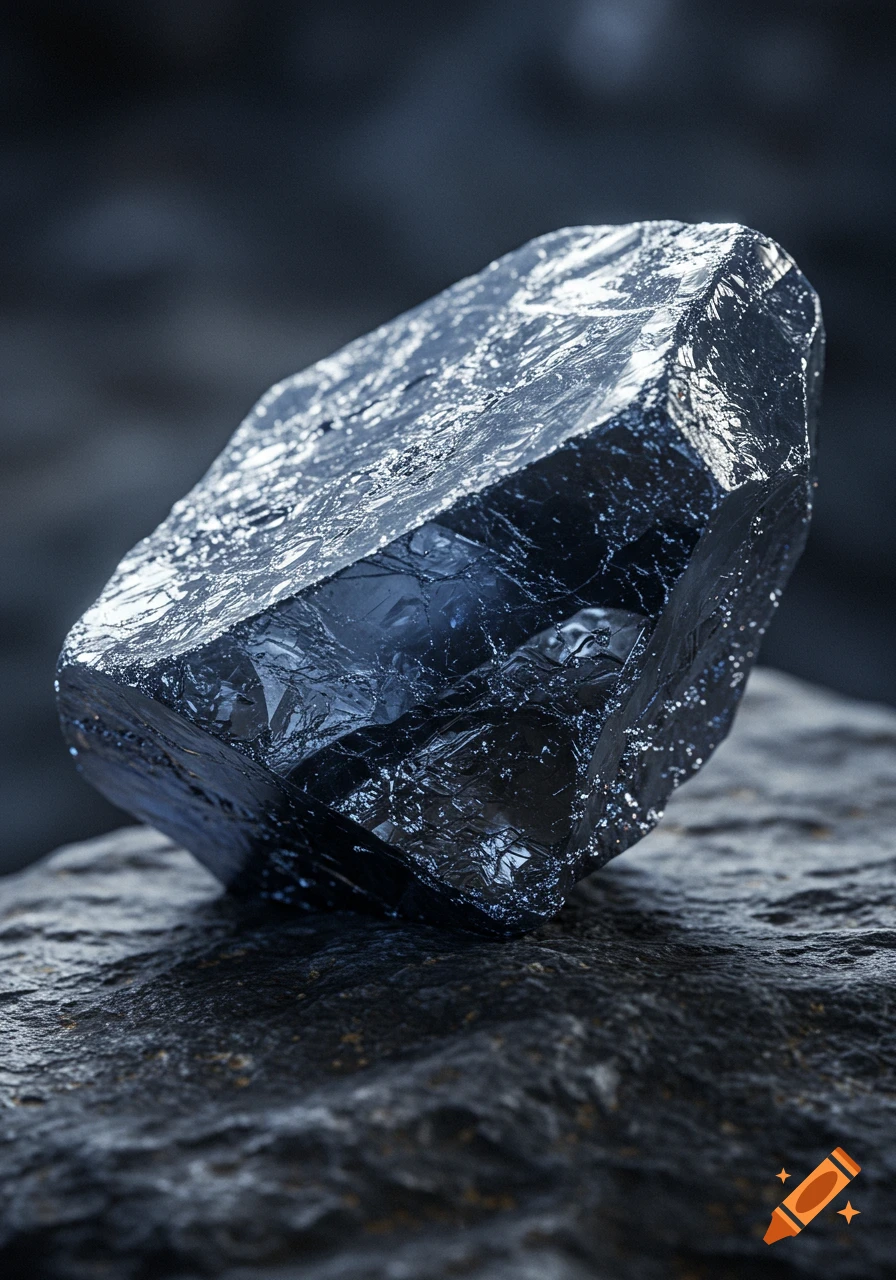 A dark, shiny, faceted piece of tantalum rests on a rough, dark rock surface in a close-up shot.