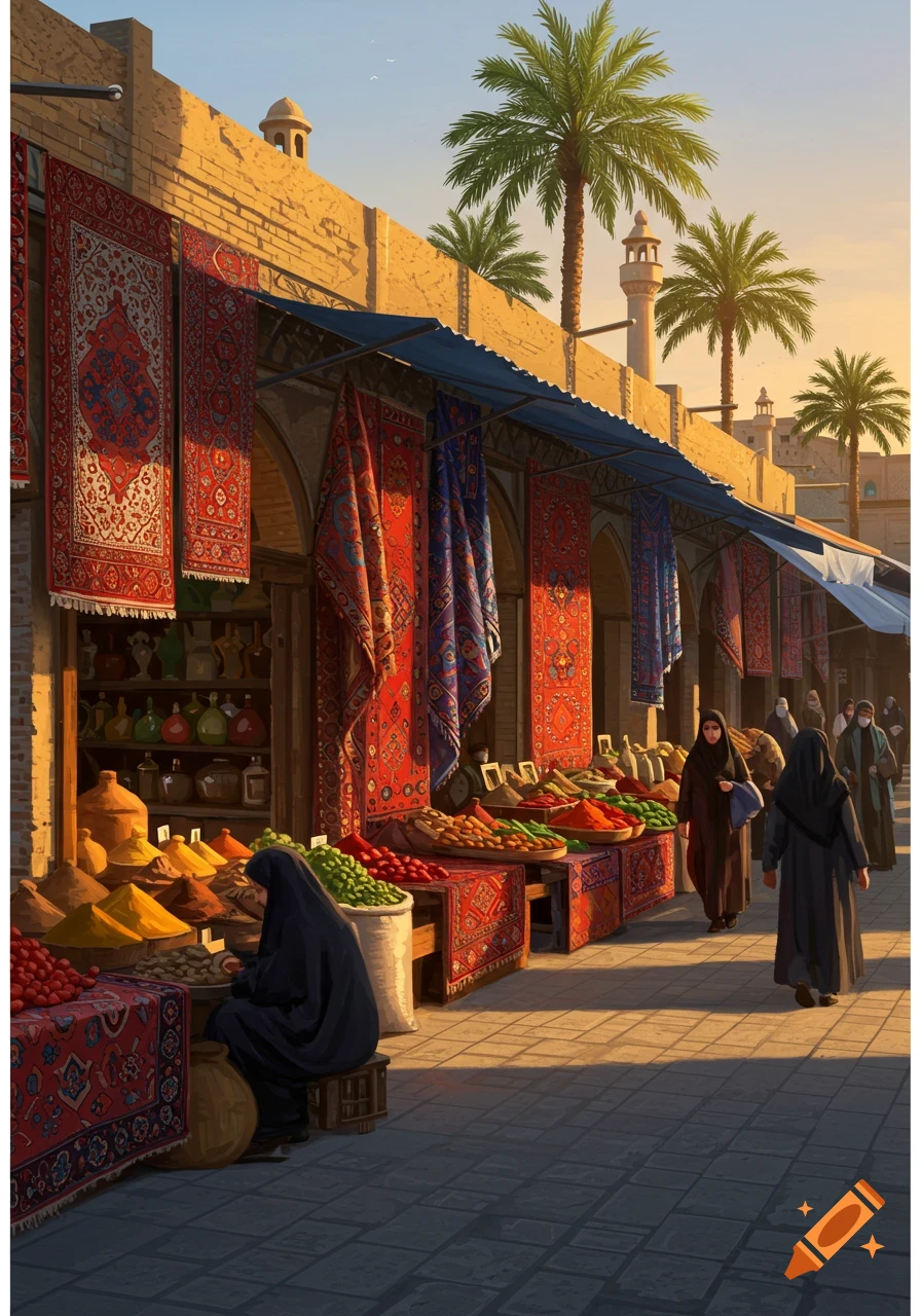 Vibrant outdoor market with spices, carpets, and people in traditional attire on a sunlit street with palm trees and minarets.