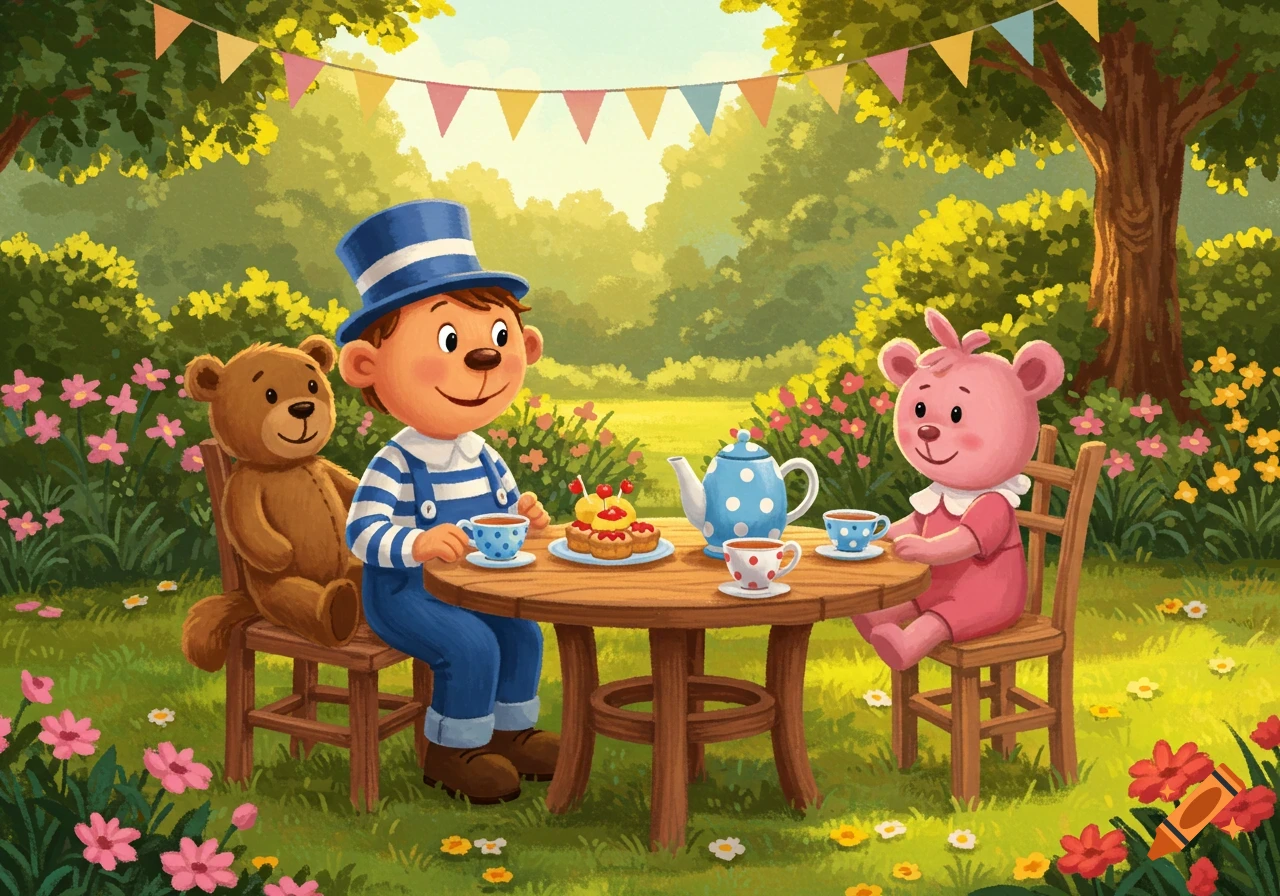A cartoon illustration of a character resembling Andy Pandy and two teddy bears having a tea party in a vibrant garden.