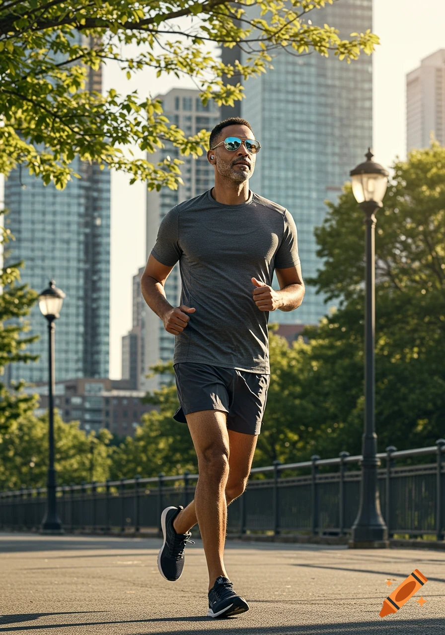A man with sunglasses and a beard jogs in a city park, with buildings in the background.