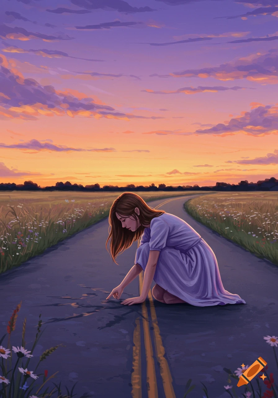 A young woman kneels on a country road at sunset, scratching the asphalt. Fields of tall grass and wildflowers line the road, with a vibrant orange and purple sky.