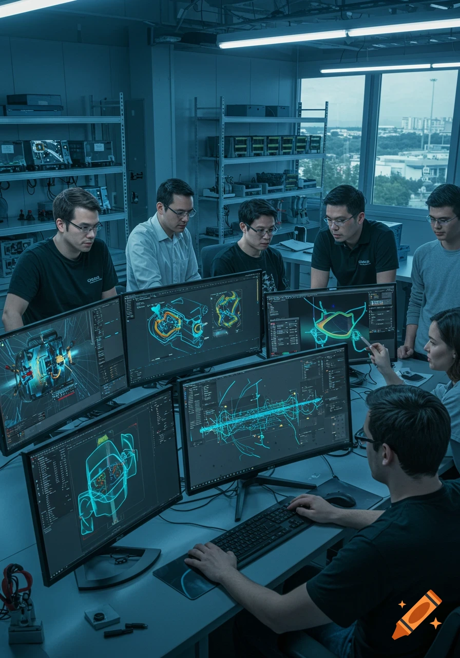 A group of engineers in a modern lab collaborate around multiple computer monitors displaying intricate CAD and simulation data.