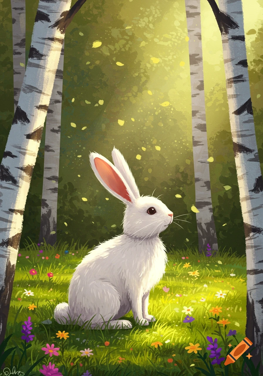A white rabbit sits in a sun-dappled, grassy field with colorful flowers and tall birch trees in an illustration.