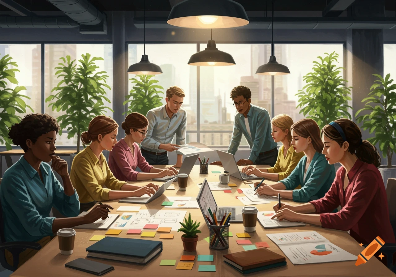 A diverse group of people collaborate around a large table in a sunlit modern office, working on laptops and documents.