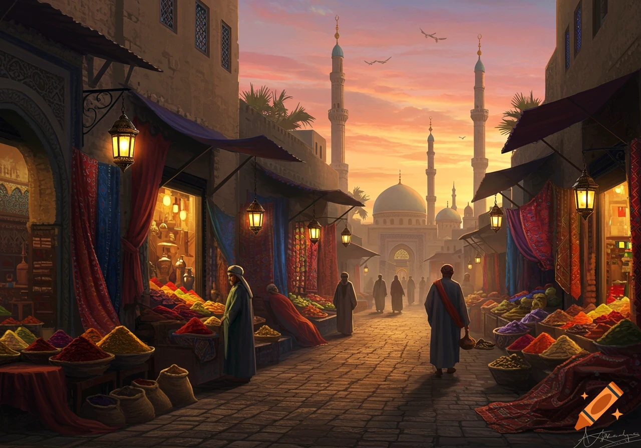 A detailed painting of a bustling Middle Eastern marketplace at sunset, with people, colorful spice stalls, and mosques with minarets in the background.