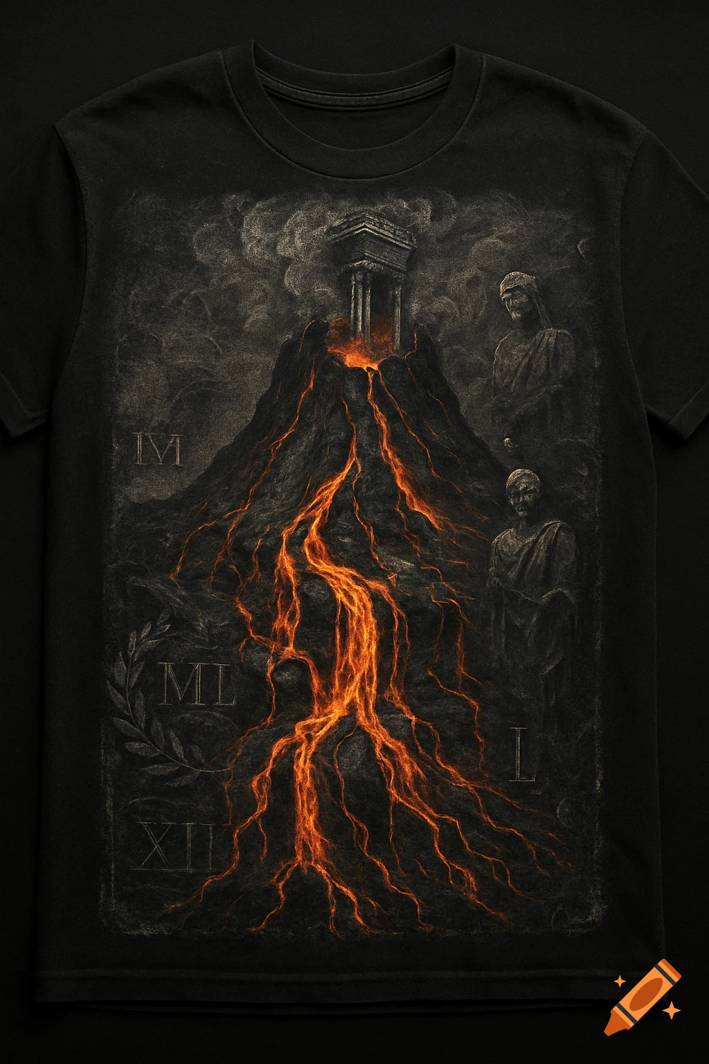 Black t-shirt with a gothic design of a crumbling volcano erupting glowing lava. Roman ruins and statues are visible.