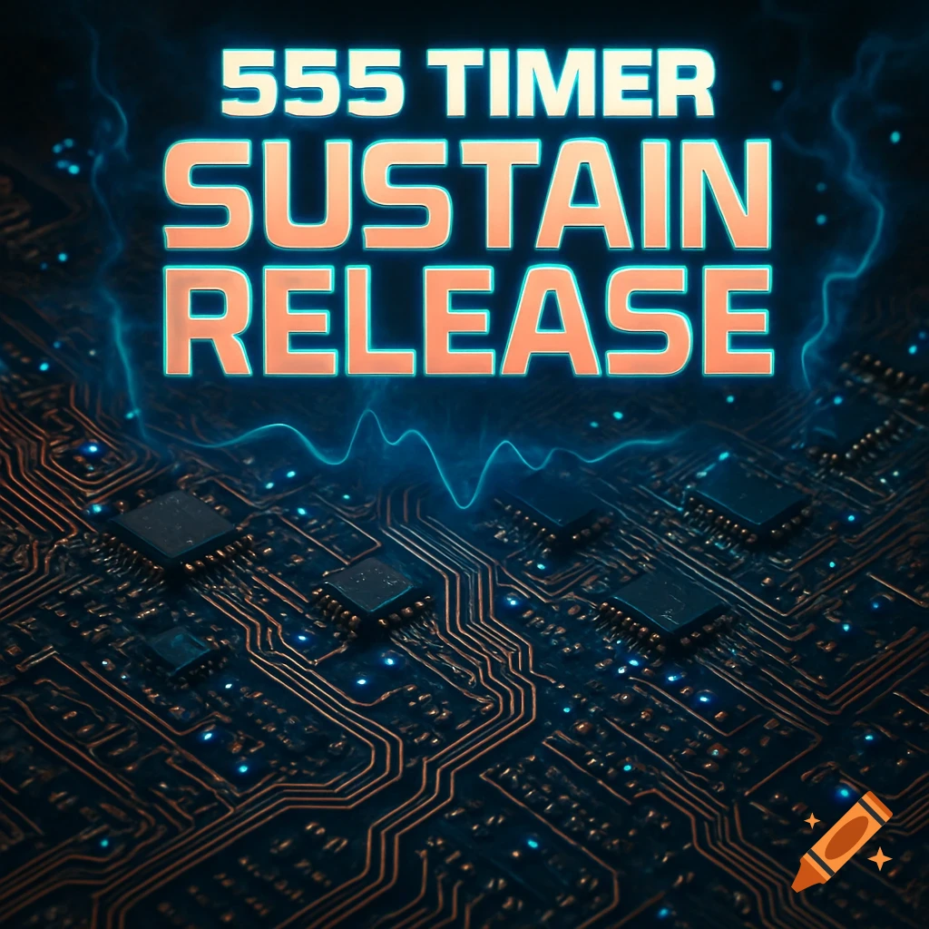 Close-up of a dark electronic circuit board with glowing blue lines, featuring bright orange and white text '555 TIMER SUSTAIN RELEASE' floating above.