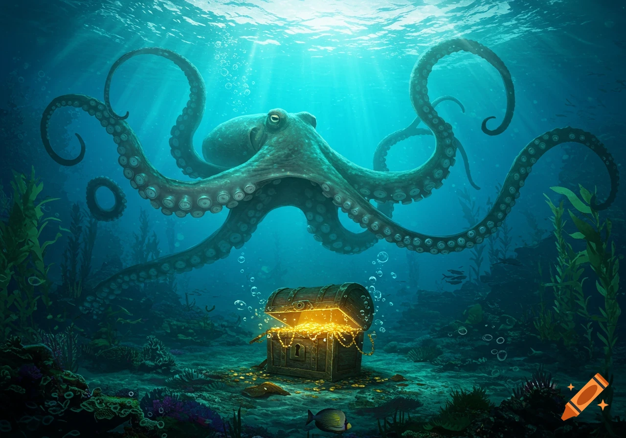A giant octopus with its tentacles reaching for an open treasure chest filled with gold and jewels on the ocean floor, bathed in light from above.