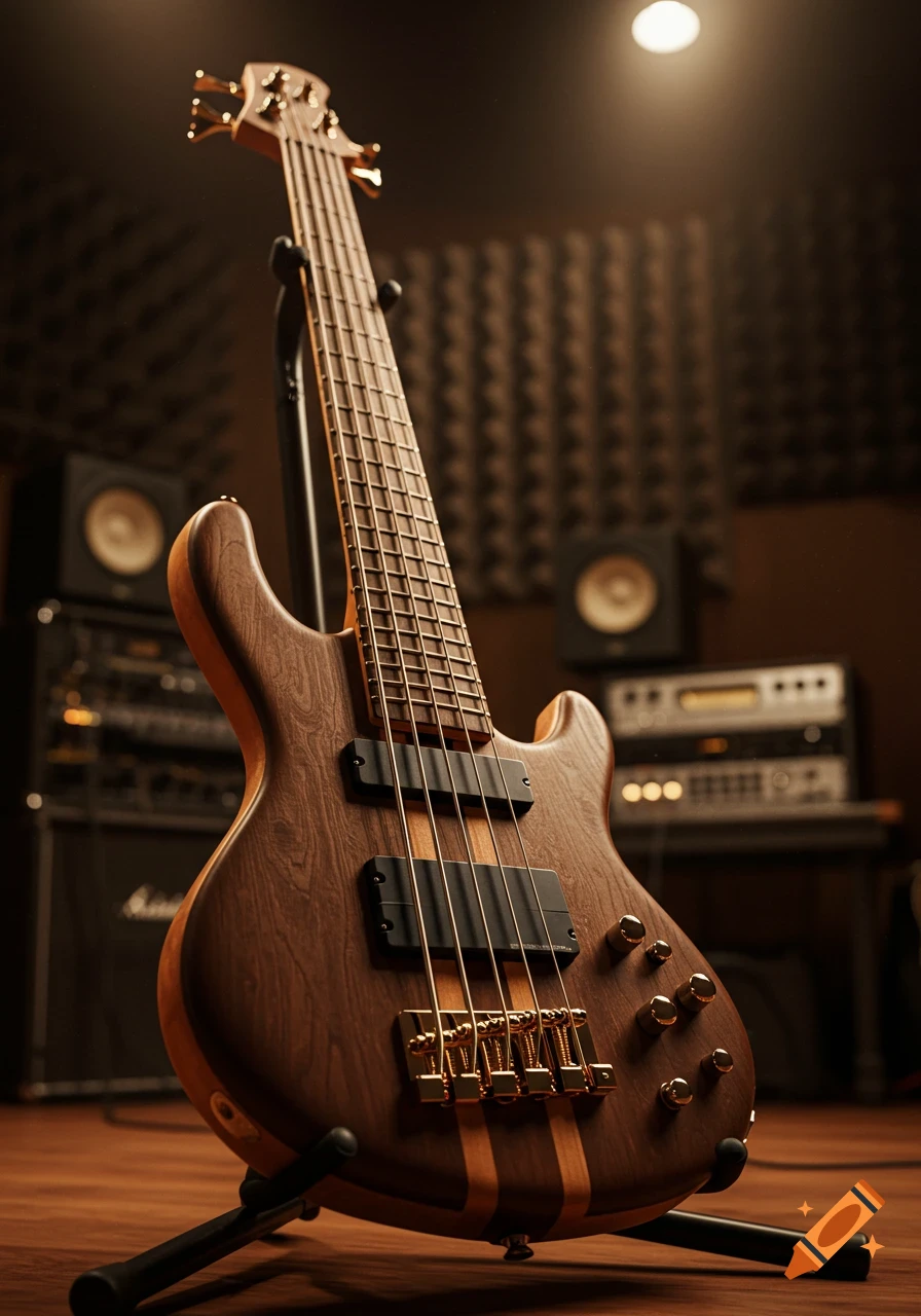 Photorealistic image of a wooden five-string bass guitar with gold hardware on a stand in a dimly lit music studio.