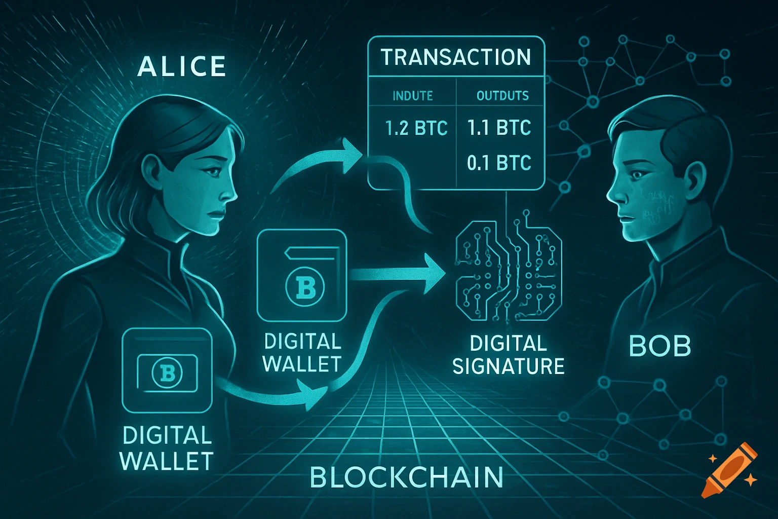 Digital illustration of a blockchain transaction between Alice and Bob, showing digital wallets, a transaction table with inputs/outputs, and a digital signature, all on a grid background.