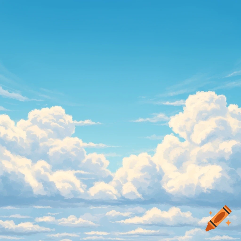 A vibrant blue sky filled with fluffy white cumulus clouds, in an illustrative style.