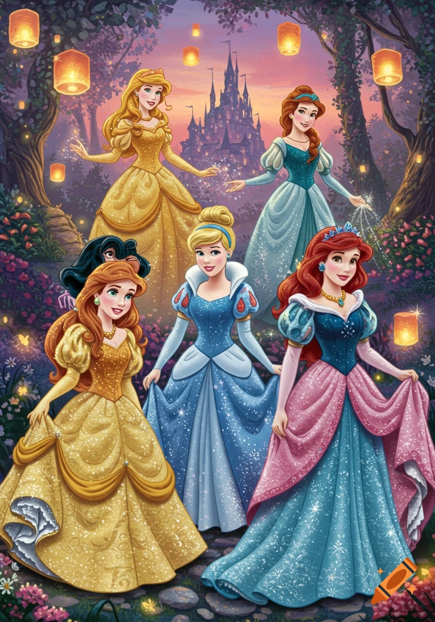 Multiple animated fairytale princesses in sparkling gowns stand in an enchanted forest with a castle and floating lanterns at dusk.