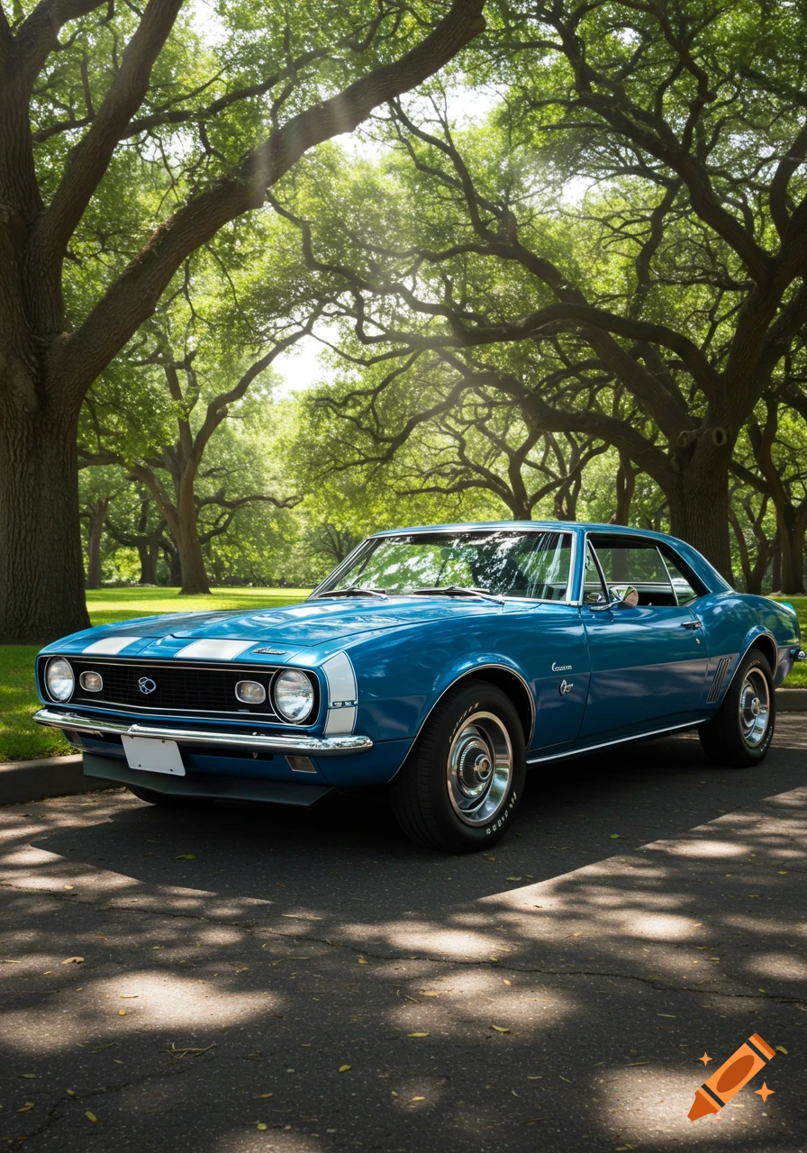 A blue 1967 Chevrolet Camaro classic car with white racing stripes parked under large trees on an asphalt road. Photorealistic.