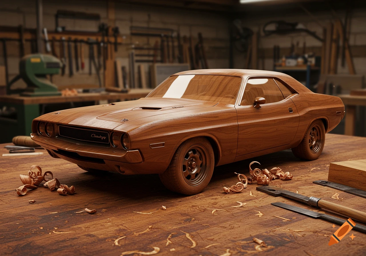 Detailed wooden Dodge Challenger car model on a workbench with wood shavings and tools in a woodworking shop.