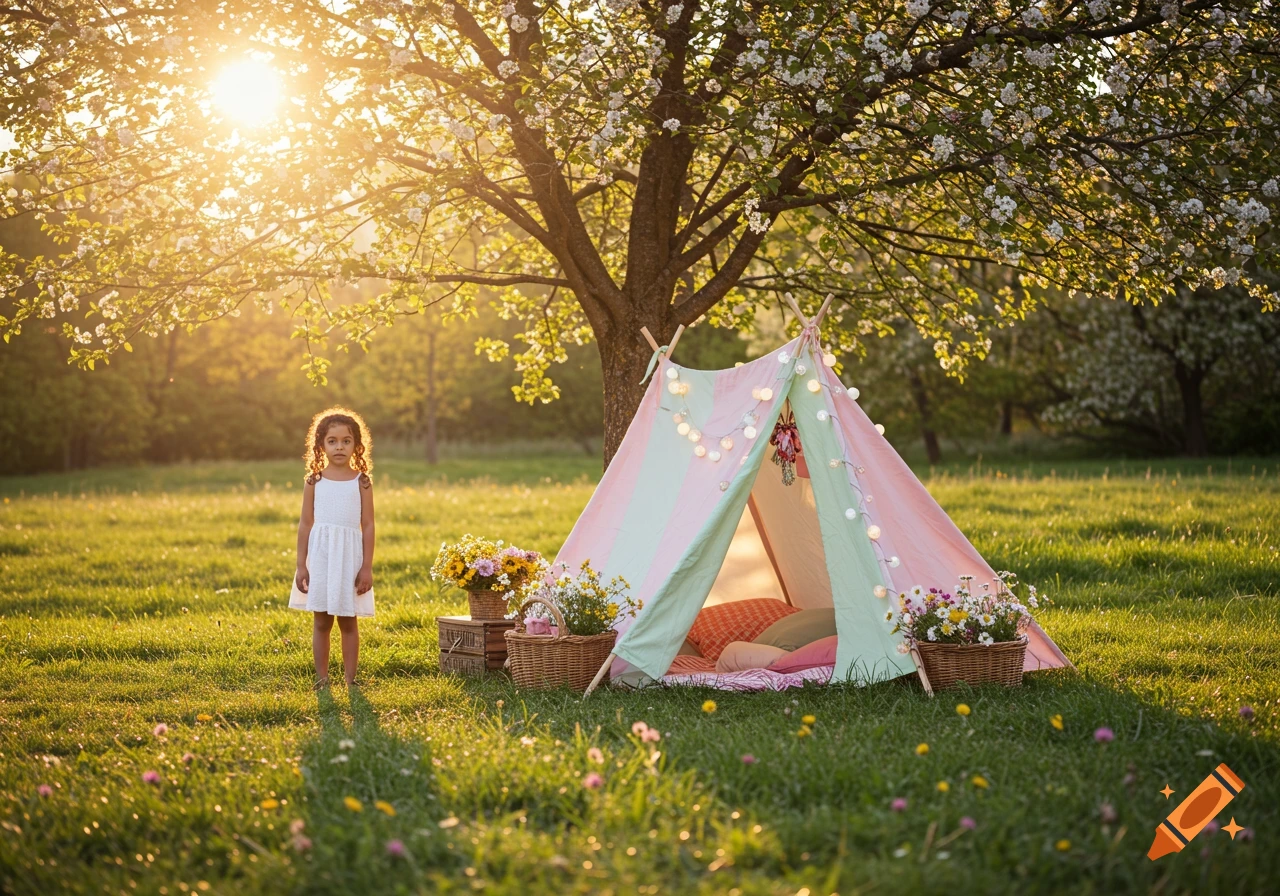 A young girl stands by a striped play tent in a sunny, grassy field under a blooming tree.